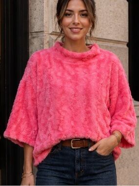 Ivy Jane Faux Fur Popover Sweater Coral Pink M/L Mock Neck 3/4 Sleeve